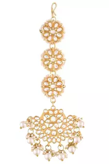 with Stunning Matte Finish Traditional Kundan & Faux Pearl Chandbali Earrings with Maang Tikka Set 