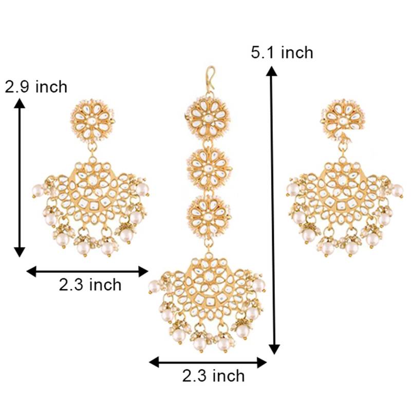 with Stunning Matte Finish Traditional Kundan & Faux Pearl Chandbali Earrings with Maang Tikka Set 