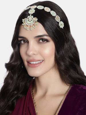 Gold Plated Metal Traditional Floral Kundan Pearl Studded Rajasthani Sheeshphool/SheeshPatti for Women T2066Min 1