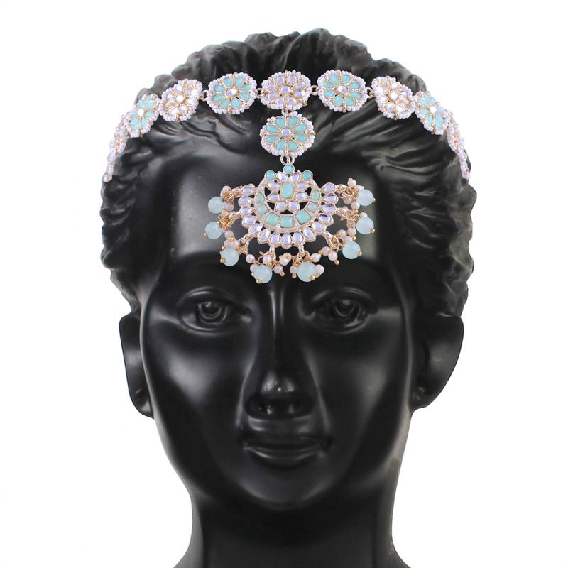 Gold Plated Metal Traditional Floral Kundan Pearl Studded Rajasthani Sheeshphool/SheeshPatti for Women T2066Min