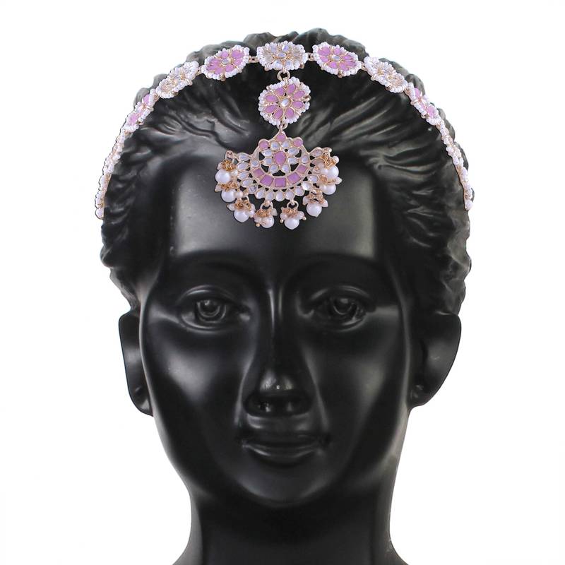 Gold Plated Metal Traditional Floral Kundan Pearl Studded Rajasthani Sheeshphool/SheeshPatti for Women T2066Pi