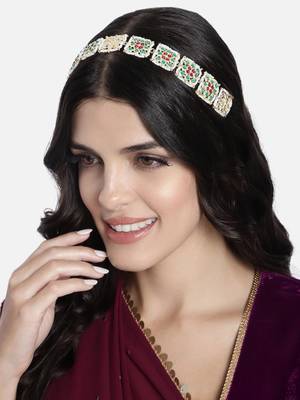 Gold Plated Metal Traditional Floral Kundan Pearl Studded Rajasthani Sheeshphool/SheeshPatti for Women T2067QG 1