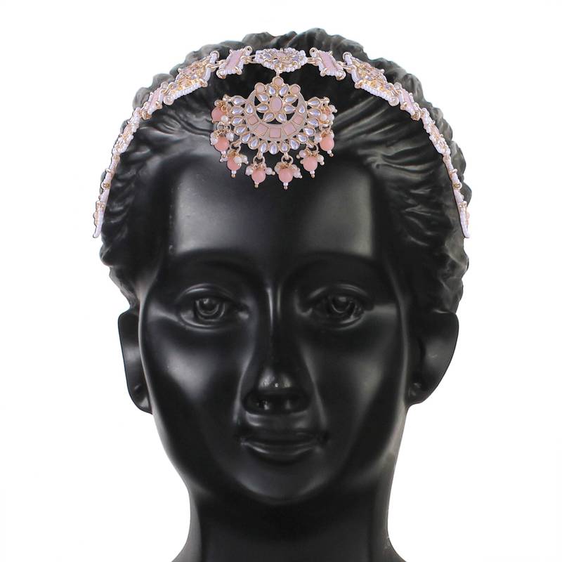 Gold Plated Metal Traditional Floral Kundan Pearl Studded Rajasthani Sheeshphool/SheeshPatti for Women T2070Pe