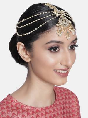 Gold-Plated Metal Traditional Floral Kundan Pearl Studded Beaded Head Chain/Paranda  1