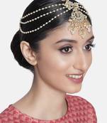 Gold-Plated Metal Traditional Floral Kundan Pearl Studded Beaded Head Chain/Paranda 