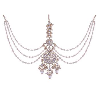 Gold-Plated Metal Traditional Floral Kundan Pearl Studded Beaded Head Chain/Paranda  2