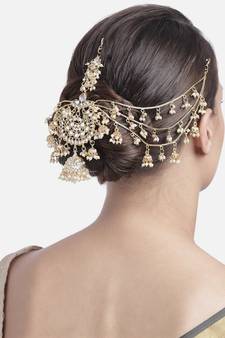 Gold-Plated Metal Traditional Floral Kundan Pearl Studded Beaded Head Chain/Paranda 