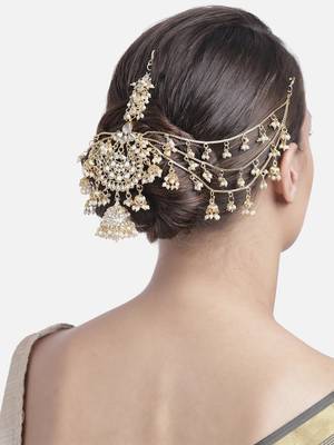 Gold-Plated Metal Traditional Floral Kundan Pearl Studded Beaded Head Chain/Paranda  1