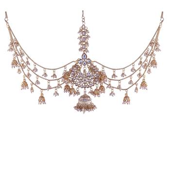 Gold-Plated Metal Traditional Floral Kundan Pearl Studded Beaded Head Chain/Paranda  2