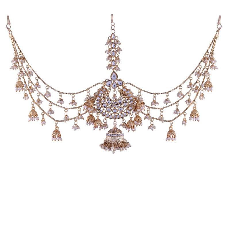 Gold-Plated Metal Traditional Floral Kundan Pearl Studded Beaded Head Chain/Paranda 