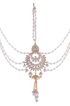 Gold-Plated Metal Traditional Floral Kundan Pearl Studded Beaded Head Chain/Paranda (T2079W)