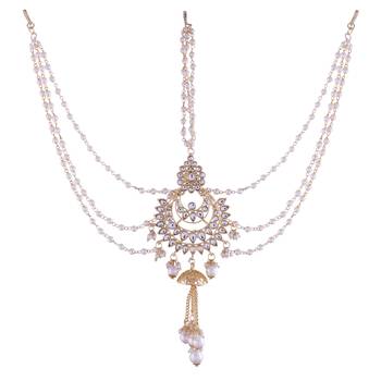Gold-Plated Metal Traditional Floral Kundan Pearl Studded Beaded Head Chain/Paranda (T2079W) 1