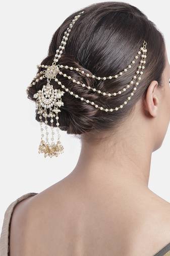 Gold-Plated Metal Traditional Floral Kundan Pearl Studded Beaded Head Chain/Paranda (T2080W)