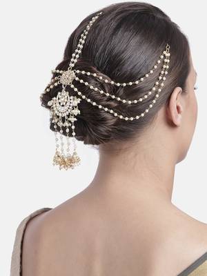 Gold-Plated Metal Traditional Floral Kundan Pearl Studded Beaded Head Chain/Paranda (T2080W) 1