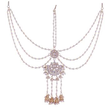 Gold-Plated Metal Traditional Floral Kundan Pearl Studded Beaded Head Chain/Paranda (T2080W) 2