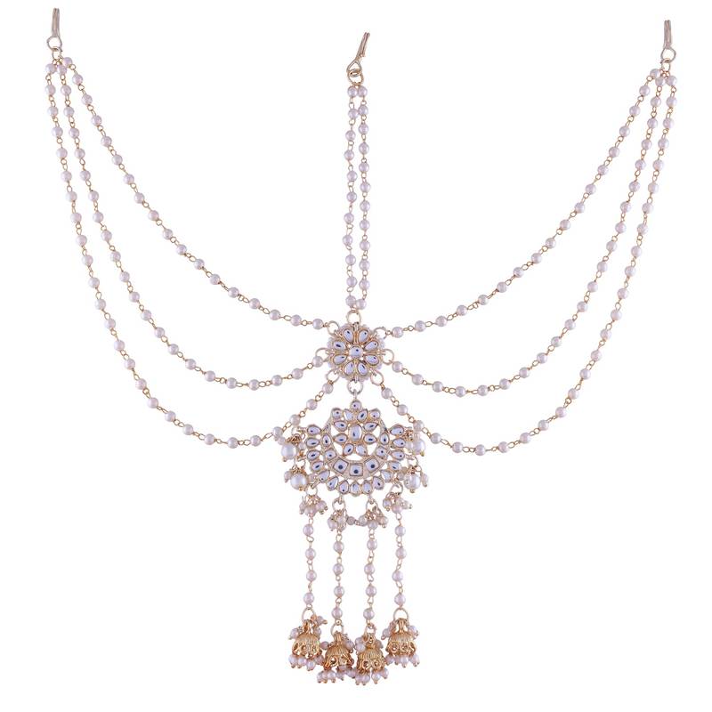 Gold-Plated Metal Traditional Floral Kundan Pearl Studded Beaded Head Chain/Paranda (T2080W)