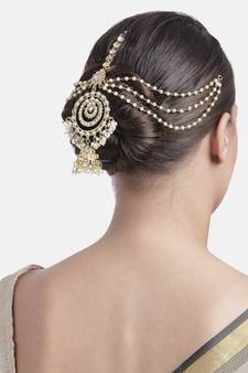 Gold-Plated Metal Traditional Floral Kundan Pearl Studded Beaded Head Chain/Paranda (T2081W)
