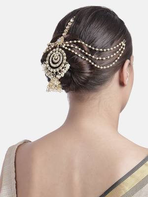 Gold-Plated Metal Traditional Floral Kundan Pearl Studded Beaded Head Chain/Paranda (T2081W) 1