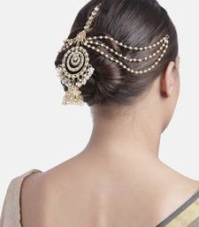Gold-Plated Metal Traditional Floral Kundan Pearl Studded Beaded Head Chain/Paranda (T2081W)