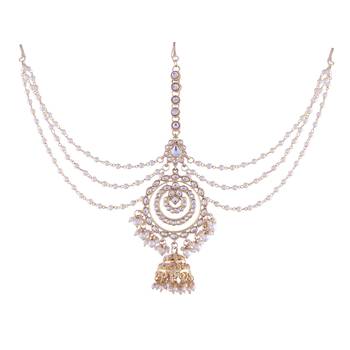 Gold-Plated Metal Traditional Floral Kundan Pearl Studded Beaded Head Chain/Paranda (T2081W) 2