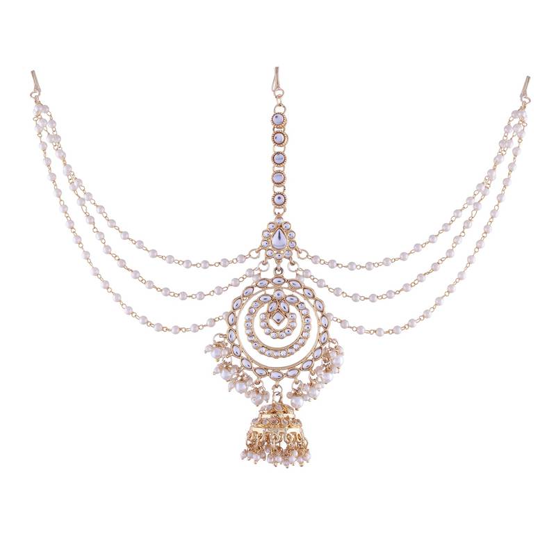 Gold-Plated Metal Traditional Floral Kundan Pearl Studded Beaded Head Chain/Paranda (T2081W)