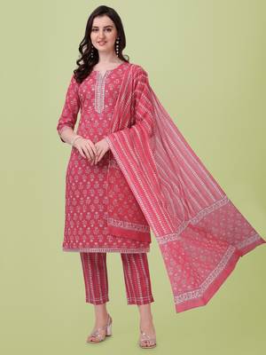 Crimson Red  White Jaipuri Printed Gotta Patti Kurta With Pant and Dupatta Set  1