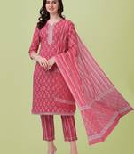 Crimson Red  White Jaipuri Printed Gotta Patti Kurta With Pant and Dupatta Set 