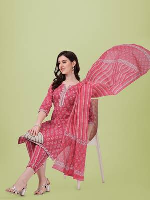 Crimson Red  White Jaipuri Printed Gotta Patti Kurta With Pant and Dupatta Set  2