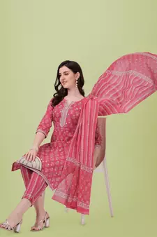 Crimson Red  White Jaipuri Printed Gotta Patti Kurta With Pant and Dupatta Set 