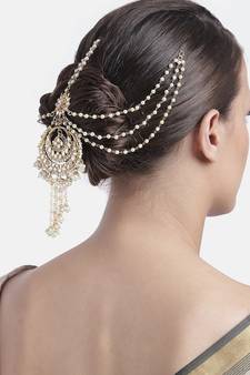 Gold-Plated Metal Traditional Floral Kundan Pearl Studded Beaded Head Chain/Paranda (T2085W)
