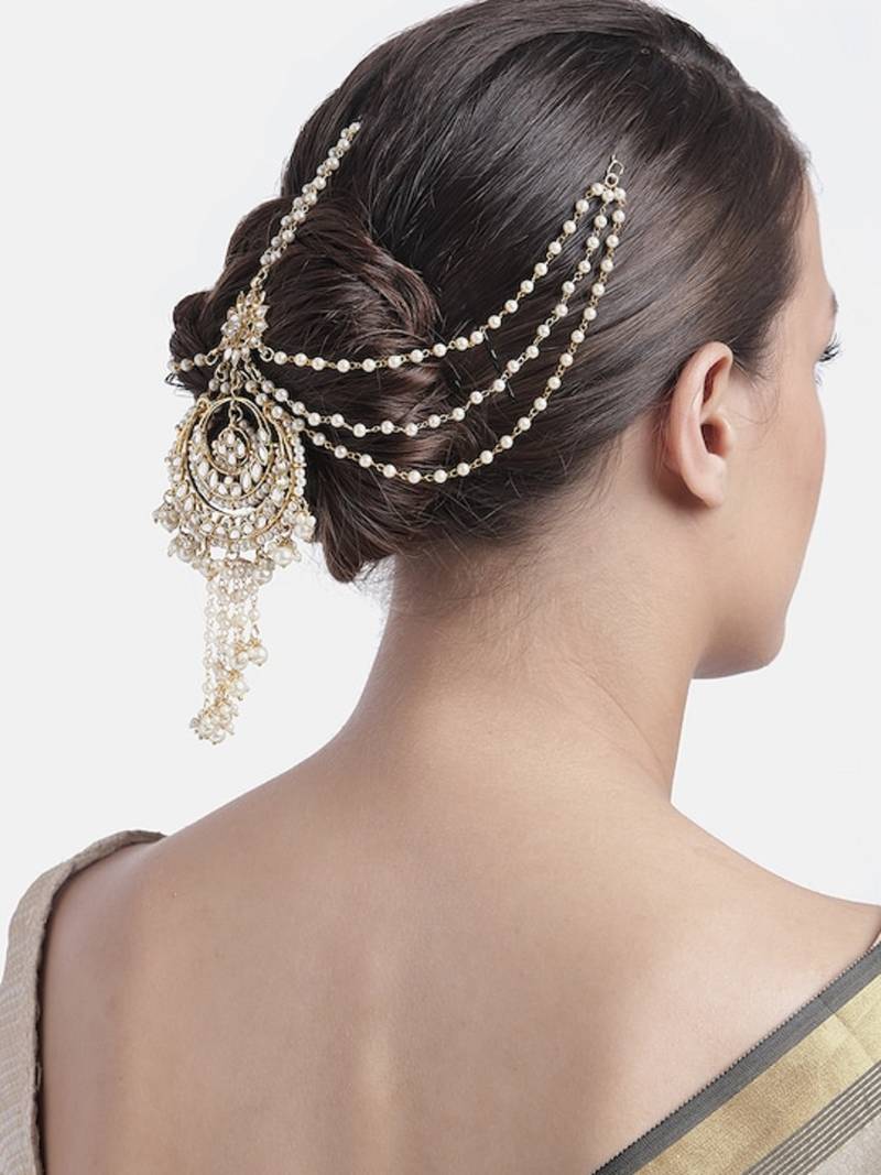 Gold-Plated Metal Traditional Floral Kundan Pearl Studded Beaded Head Chain/Paranda (T2085W)