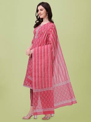 Crimson Red  White Jaipuri Printed Gotta Patti Kurta With Pant and Dupatta Set  3
