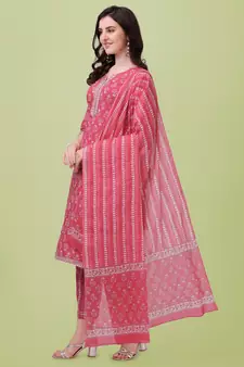 Crimson Red  White Jaipuri Printed Gotta Patti Kurta With Pant and Dupatta Set 
