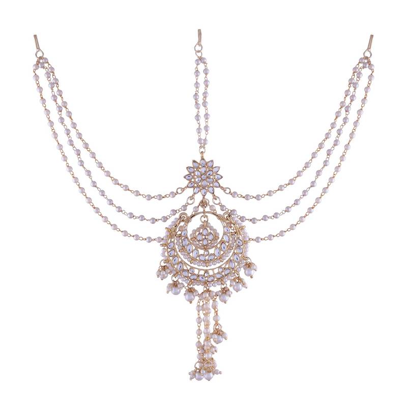 Gold-Plated Metal Traditional Floral Kundan Pearl Studded Beaded Head Chain/Paranda 