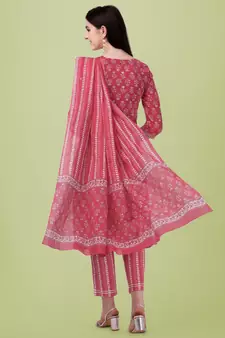 Crimson Red  White Jaipuri Printed Gotta Patti Kurta With Pant and Dupatta Set 