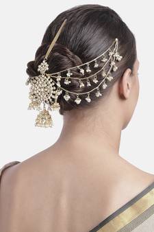 Gold-Plated Metal Traditional Floral Kundan Pearl Studded Beaded Head Chain/Paranda (T2086W)