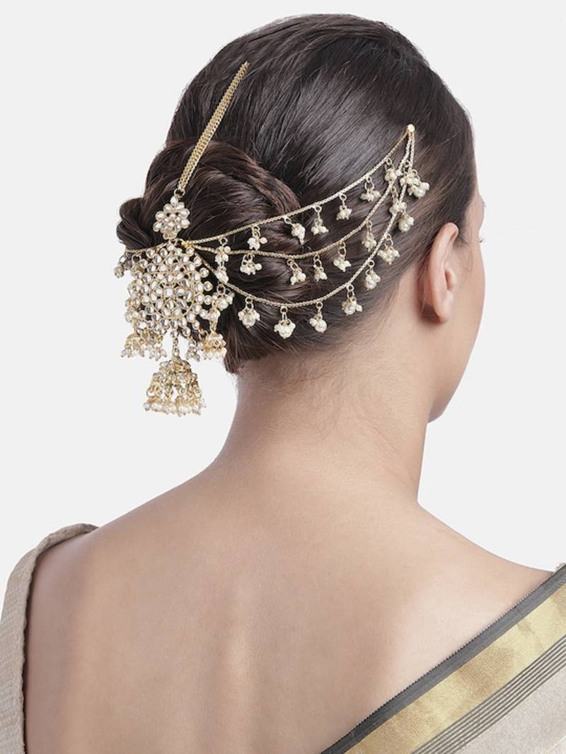 I Jewels Gold-Plated Metal Traditional Floral Kundan Pearl Studded Beaded Head Chain/Paranda (T2086W)