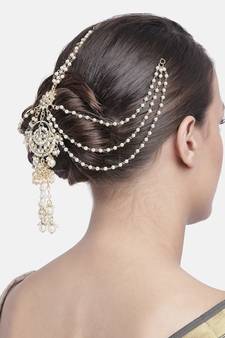 Gold-Plated Metal Traditional Floral Kundan Pearl Studded Beaded Head Chain/Paranda (T2087W)