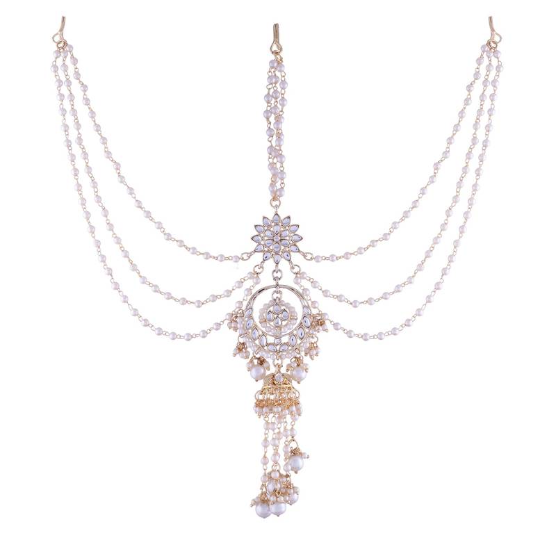 Gold-Plated Metal Traditional Floral Kundan Pearl Studded Beaded Head Chain/Paranda 