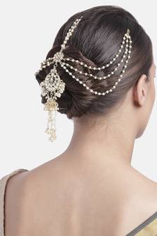 Gold-Plated Metal Traditional Floral Kundan Pearl Studded Beaded Head Chain/Paranda (T2088W)