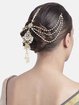 Gold-Plated Metal Traditional Floral Kundan Pearl Studded Beaded Head Chain/Paranda  1