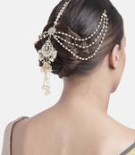 Gold-Plated Metal Traditional Floral Kundan Pearl Studded Beaded Head Chain/Paranda 