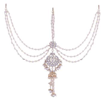 Gold-Plated Metal Traditional Floral Kundan Pearl Studded Beaded Head Chain/Paranda  2