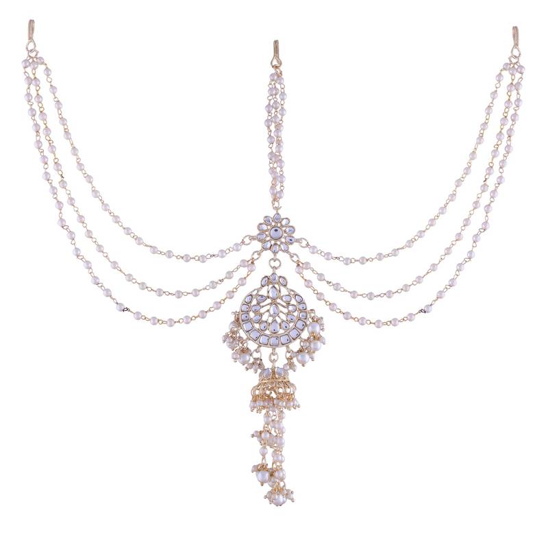 Gold-Plated Metal Traditional Floral Kundan Pearl Studded Beaded Head Chain/Paranda 