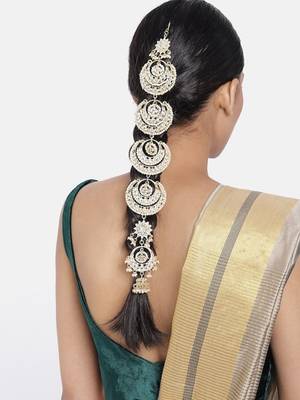 Gold-Plated Metal Traditional Floral Kundan Pearl Studded Beaded Head Chain/Paranda  1