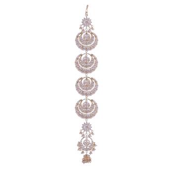 Gold-Plated Metal Traditional Floral Kundan Pearl Studded Beaded Head Chain/Paranda  2