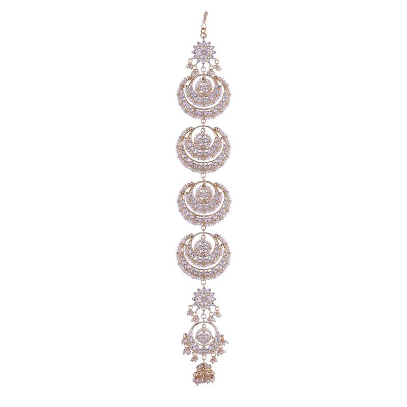 Gold-Plated Metal Traditional Floral Kundan Pearl Studded Beaded Head Chain/Paranda 