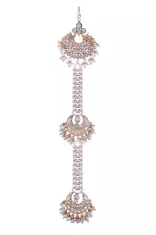Gold-Plated Metal Traditional Floral Kundan Pearl Studded Beaded Head Chain/Paranda (T2094W)