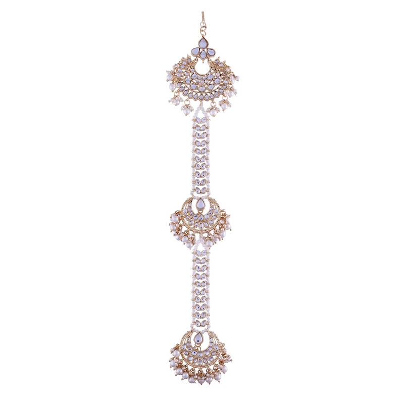 Gold-Plated Metal Traditional Floral Kundan Pearl Studded Beaded Head Chain/Paranda (T2094W)