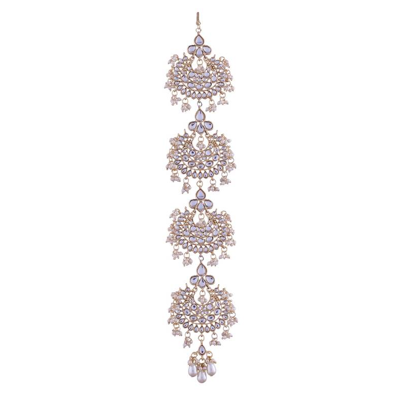 Gold-Plated Metal Traditional Floral Kundan Pearl Studded Beaded Head Chain/Paranda 